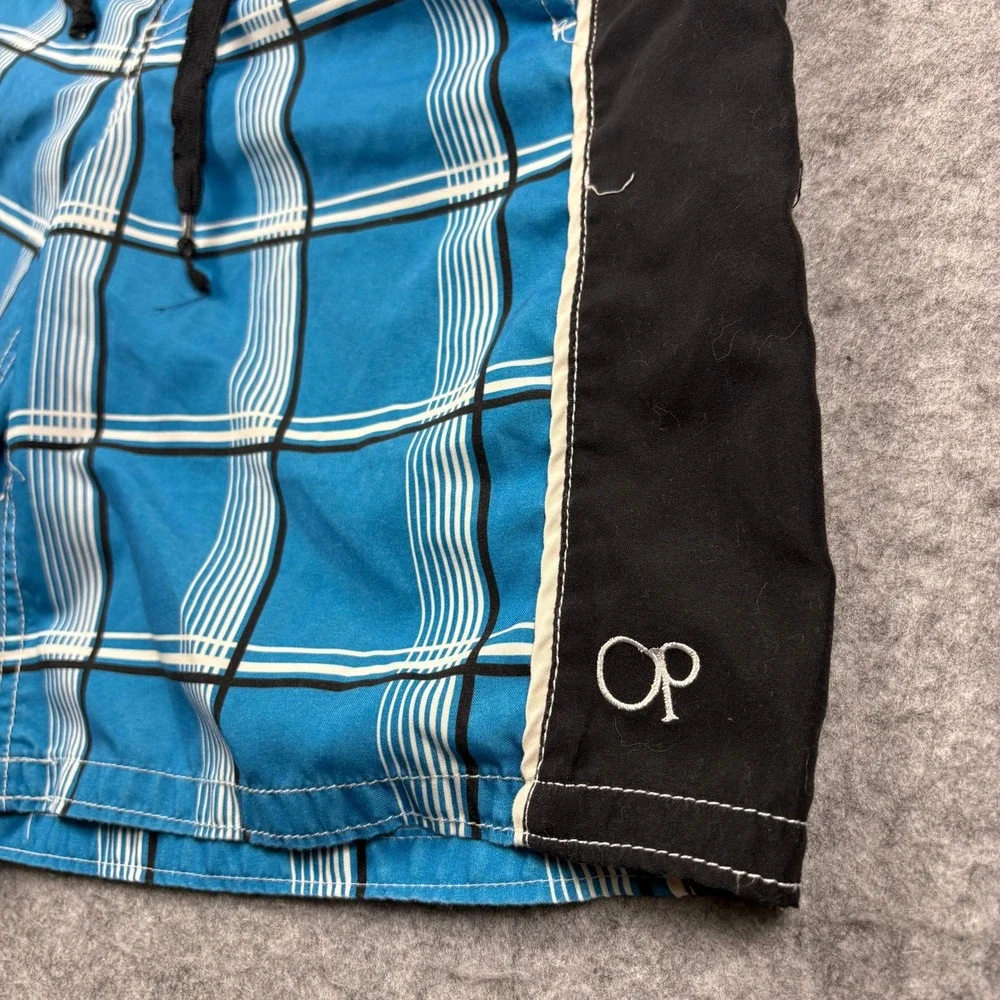 Ocean Pacific Mens Plaid Board Shorts Blue Black Surf Swim Trunks Size S 28-30